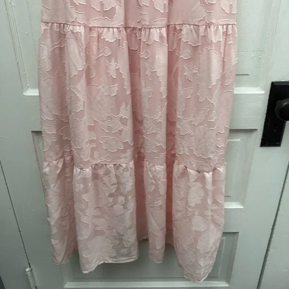 Merokeety Pink Smocked Midi Dress M Cottagecore Puff Sleeve Tiered - Picture 9 of 13